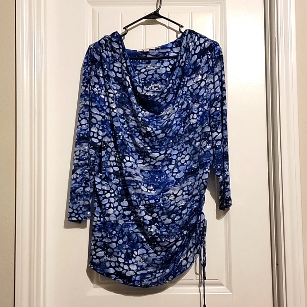 JM Collection Women's Blue & Silver Long Sleeve Drape Neck Top Women's size XL